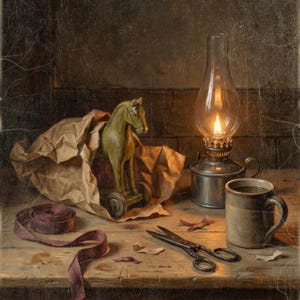 May include: A green wooden toy horse on wheels partially wrapped in brown paper, a lit metal oil lamp, a ceramic mug, a pair of black metal scissors, and a length of dark red ribbon arranged on a wooden surface with small paper scraps.