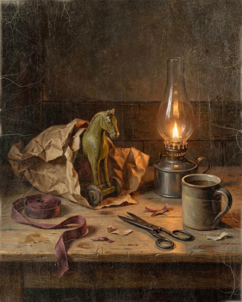 May include: A green wooden toy horse on wheels partially wrapped in brown paper, a lit metal oil lamp, a ceramic mug, a pair of black metal scissors, and a length of dark red ribbon arranged on a wooden surface with small paper scraps.