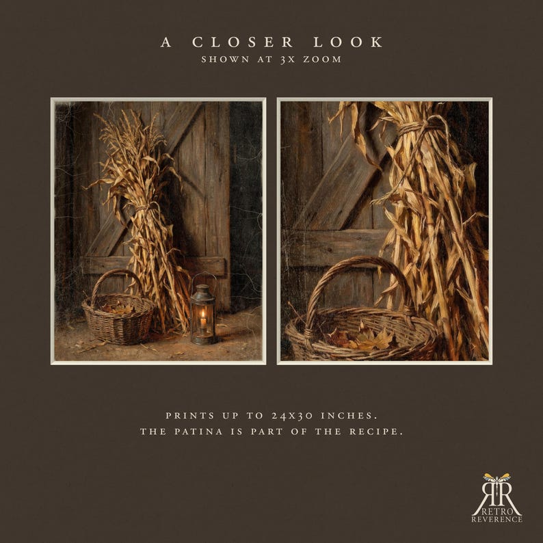 May include: Two framed prints featuring a bundle of dried corn stalks, a woven wicker basket filled with fallen leaves, and a metal lantern with a lit candle against a wooden door. Text reads: A CLOSER LOOK SHOWN AT 3X ZOOM. PRINTS UP TO 24X30 INCHES.