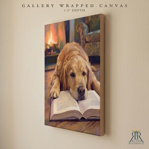 May include: A gallery wrapped canvas with a 1.5 inch depth featuring a painting of a golden retriever resting its head on an open book. The background shows a fireplace and a patterned armchair. The text GALLERY WRAPPED CANVAS 1.5" DEPTH is visible.
