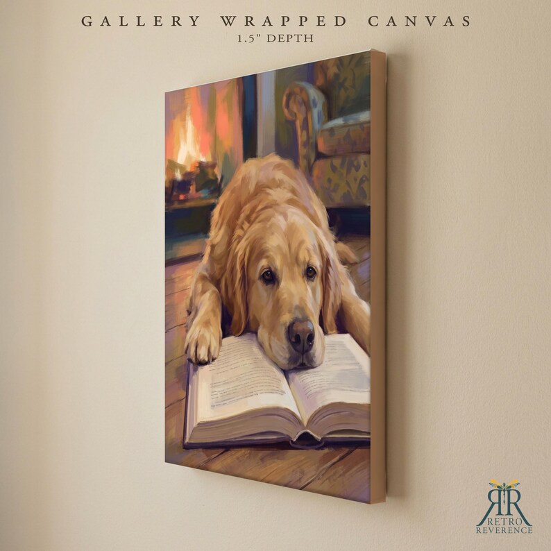 May include: A gallery wrapped canvas with a 1.5 inch depth featuring a painting of a golden retriever resting its head on an open book. The background shows a fireplace and a patterned armchair. The text GALLERY WRAPPED CANVAS 1.5" DEPTH is visible.