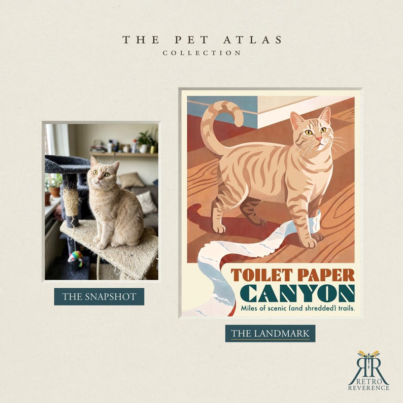 K&ouml;nnte beinhalten: Ein Druck mit dem Titel The Pet Atlas Collection, der ein Foto einer hellorangen getigerten Katze auf einem Kratzbaum neben einer stilisierten Illustration derselben Katze mit dem Text Toilet Paper Canyon, Miles of scenic (and shredded) trails zeigt.