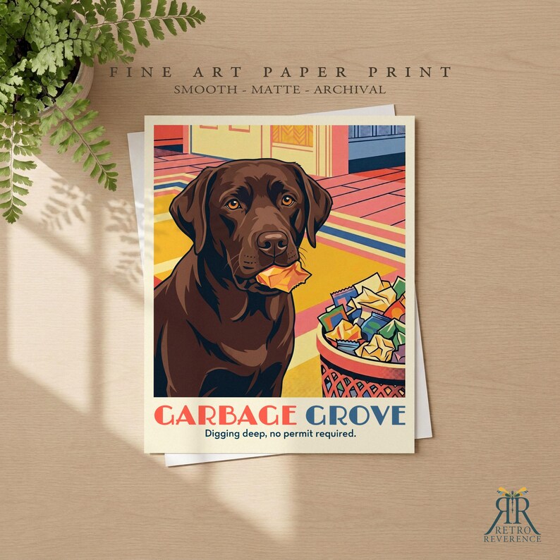 May include: A fine art paper print featuring a brown Labrador retriever holding a piece of trash in its mouth next to a wastebasket filled with colorful wrappers. The text reads GARBAGE GROVE and Digging deep, no permit required.