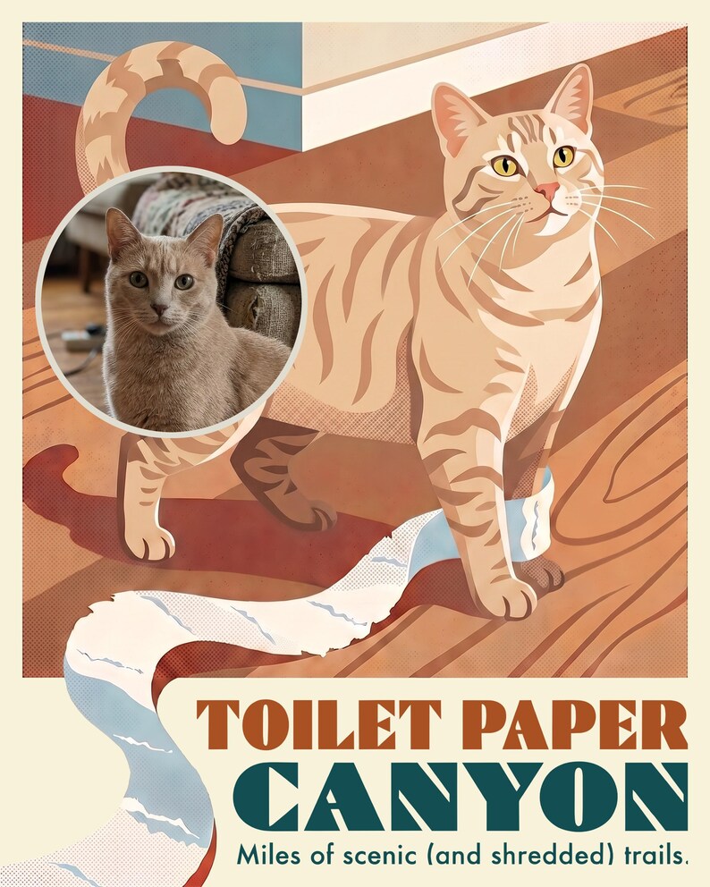 Chaotic Custom Cat Portrait from Your Photo, Shredded Canyon Retro Travel Poster Art Digital Download