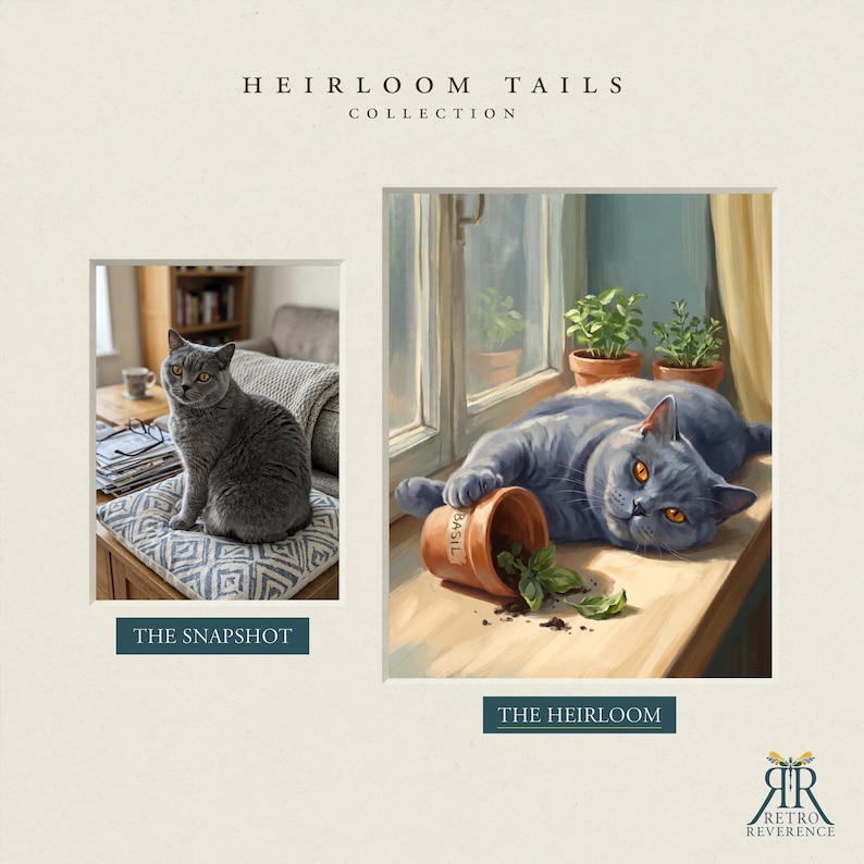 May include: A side-by-side comparison titled Heirloom Tails Collection. On the left, a photograph labeled The Snapshot shows a gray cat on a patterned cushion. On the right, a painting labeled The Heirloom depicts a gray cat with orange eyes.
