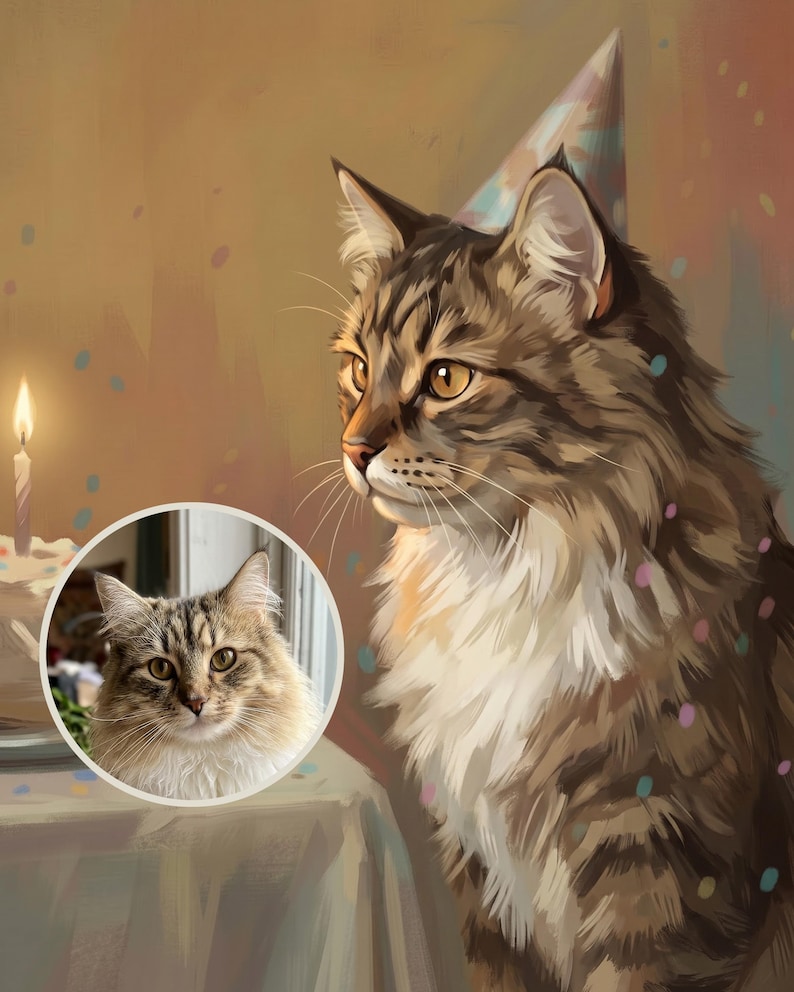 Fancy Custom Cat Portrait from Your Photo, Illustrated Birthday Canvas Print, Cat Canvas Wall Art, Birthday Cat Art