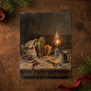 Old Toy Horse and Lamplight Wall Art, Vintage Style Christmas Decor, Holiday Artwork, Early American Decor, Den Decor, Art Print or Canvas image 5