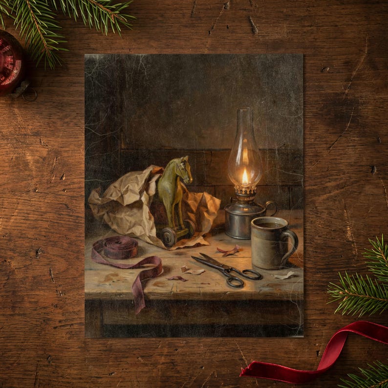 Old Toy Horse and Lamplight Wall Art, Vintage Style Christmas Decor, Holiday Artwork, Early American Decor, Den Decor, Art Print or Canvas image 5