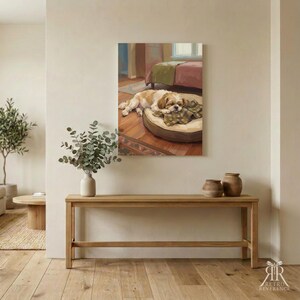 May include: A rectangular wall art print depicting a brown and white dog resting on a round, plaid-patterned pet bed. The dog is lying on a wooden floor in a room with a bed visible in the background. The artwork features warm, soft lighting.