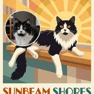 May include: A poster featuring a black and white cat with yellow eyes resting on a ledge against a yellow sunburst background. A circular inset shows a photograph of the same cat. The text reads SUNBEAM SHORES, Warm rays. Endless naps. Perfect weather year-round.