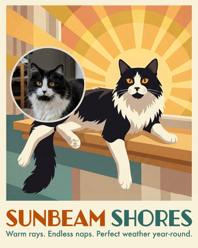 Sunbeam Travel Poster from Your Photo, Personalized Cat Art Print or Canvas, Cat Sunbathing Art, Mid Century Cat Decor, Vintage Sunroom Art