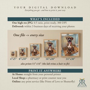 May include: A digital download information graphic featuring a Boxer dog portrait in five different frame sizes ranging from 4x5 inches to 24x30 inches. The text includes 'YOUR DIGITAL DOWNLOAD', 'WHAT'S INCLUDED', 'One file -> every size', and 'PRINT IT ANYWHERE'.