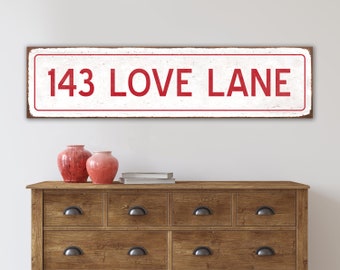 Modern Farmhouse 143 Love Lane Canvas Print, Rustic Valentines Day Wall Decor, Red and White Holiday Artwork Fun Vintage Seasonal Decoration