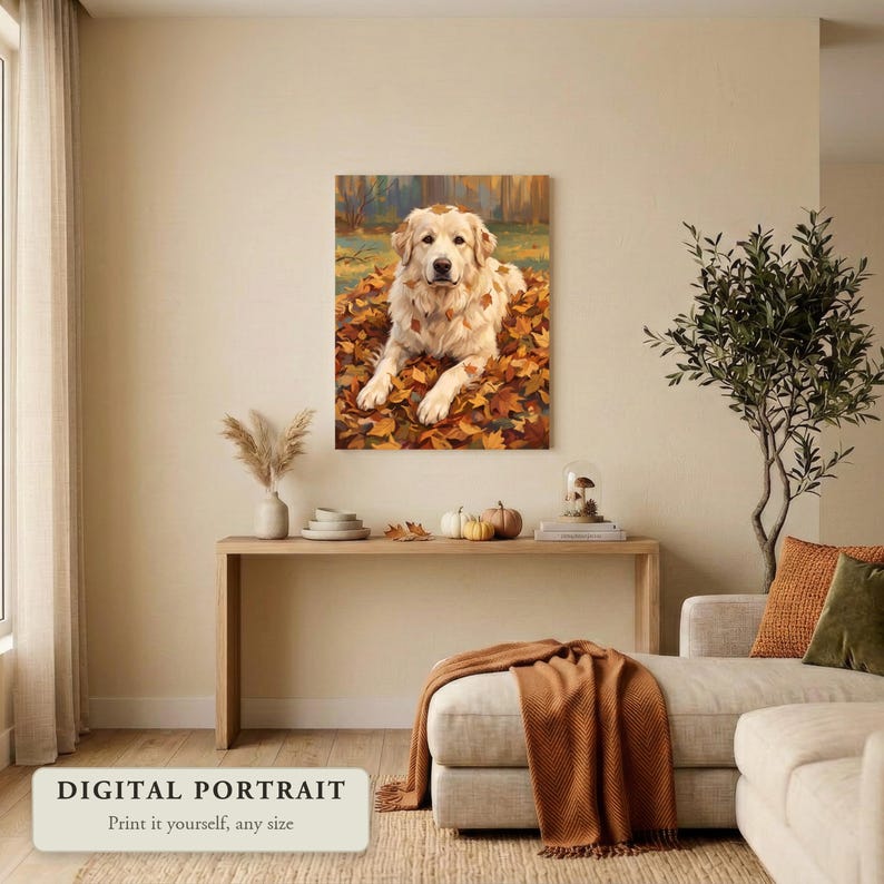 Custom dog portrait of a dog lying in fall leaves, hung on a wall in a living room decorated for fall, shown as a digital file you print yourself
