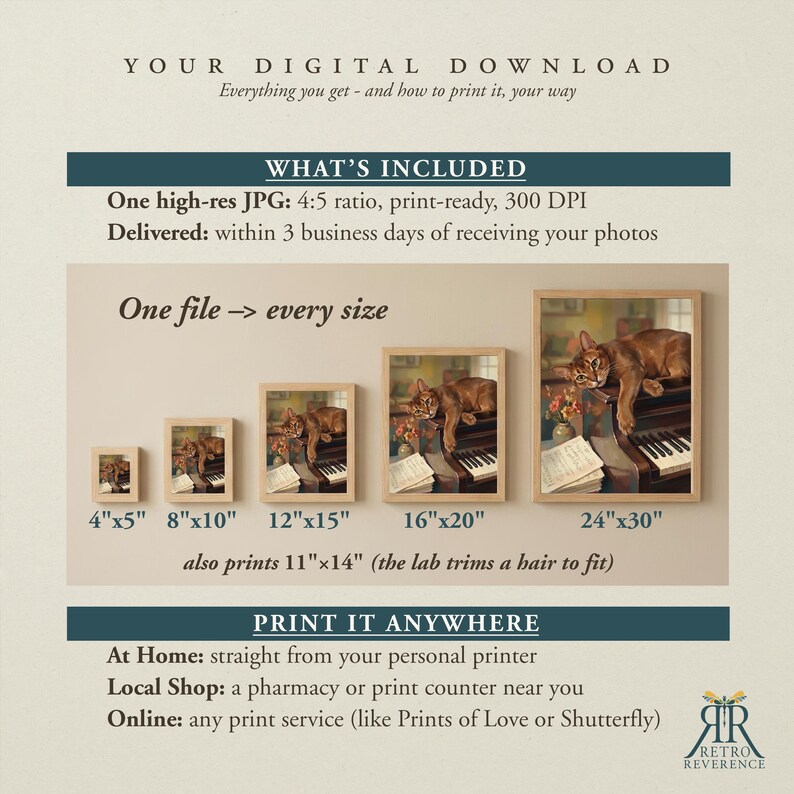 May include: A digital download information graphic featuring a brown cat resting on a piano. The text includes: YOUR DIGITAL DOWNLOAD, WHAT'S INCLUDED, One high-res JPG: 4:5 ratio, print-ready, 300 DPI, One file -> every size, 4"x5", 8"x10", 12"x15", 16"x20", 24"x30", 11"x14", PRINT IT ANYWHERE.