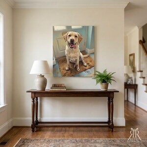 May include: A square wall art print featuring a yellow Labrador retriever sitting on a brown doormat in front of a light blue door. The dog has its tongue out and muddy paw prints are visible on the mat and the floor around the dog's feet.