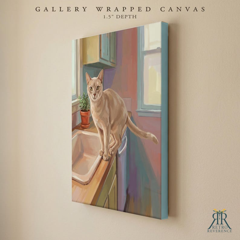 May include: A gallery wrapped canvas with a 1.5 inch depth featuring a painting of a light brown cat standing on a kitchen counter next to a white sink and a small potted plant. The scene includes a window and cabinets in a kitchen setting.