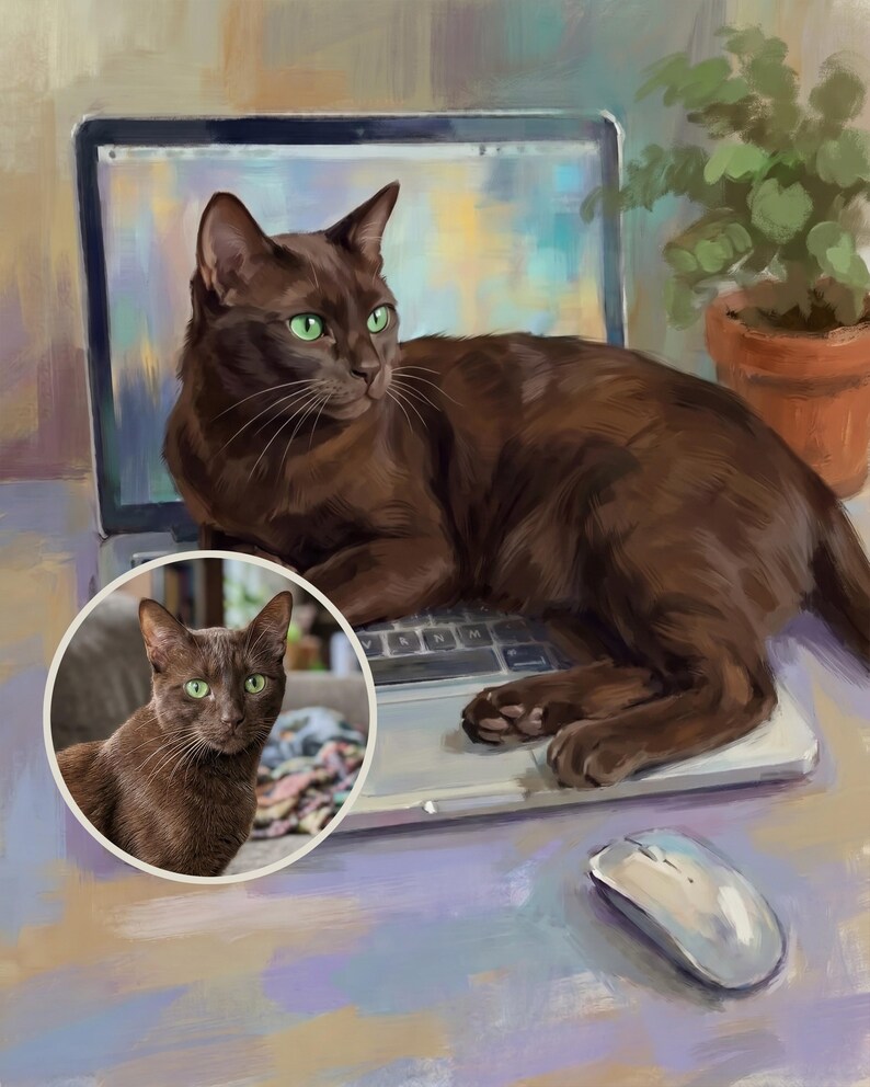 Funny Custom Cat Portrait from Your Photo, Nostalgic Home Office Canvas Print, Cat Canvas Wall Art, Cat on Keyboard Art, Vintage Desk Decor