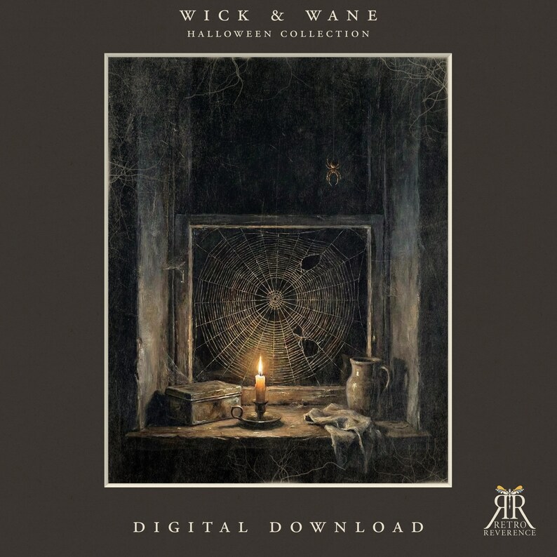 Op de afbeelding: Een digitale download getiteld WICK & WANE HALLOWEEN COLLECTION met een donkere, sfeervolle illustratie van een brandende kaars in een koperen houder, een klein doosje, een kan en een doek op een vensterbank voor een groot spinnenweb.