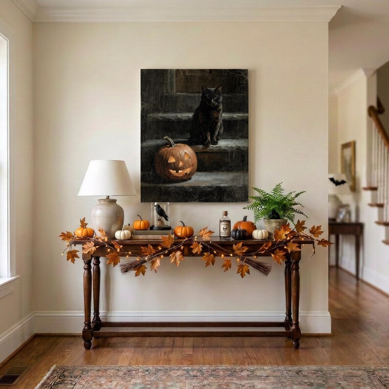 Op de afbeelding: Een donkerhouten sidetable versierd met een slinger van oranje herfstbladeren en lichtjes. Op de tafel staan een beige lamp, diverse kleine pompoenen, een glazen stolp met een zwarte vogel en een glazen fles. Een wandkunst toont een zwarte kat.