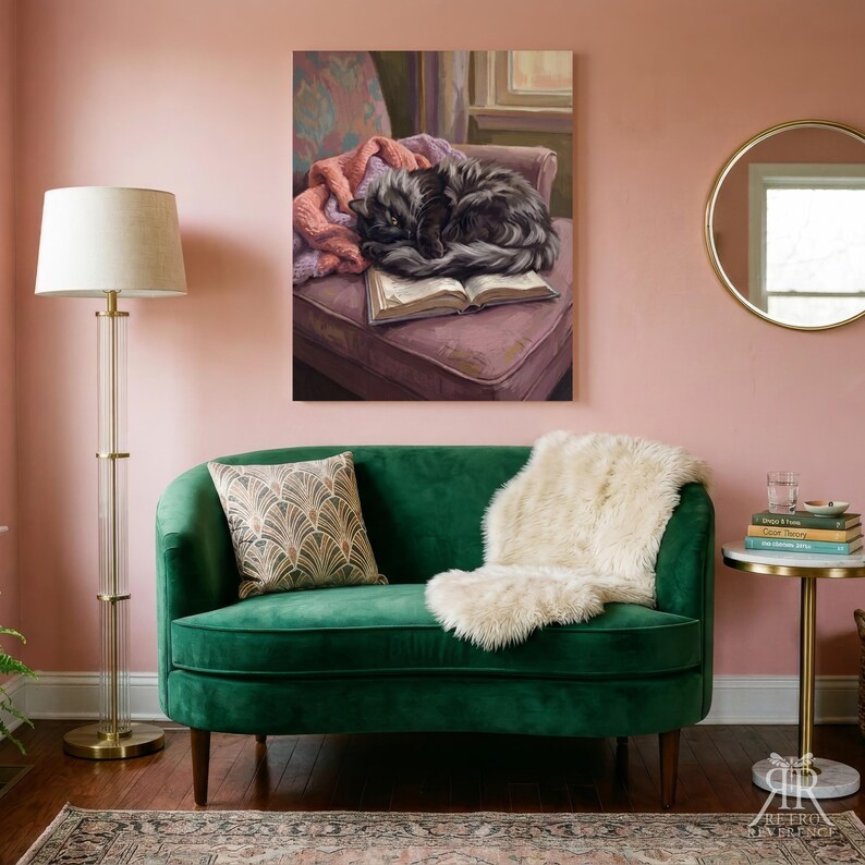 May include: A dark green velvet loveseat with a patterned throw pillow and a white faux fur throw blanket. Beside it stands a tall floor lamp with a white shade and a small round side table holding a stack of books and a glass.
