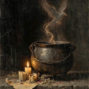 Witch Cauldron Digital Art Print, Moody Vintage Style Halloween Wall Decor, Magic Potion Smoke and Candlelight, Instant Digital Download