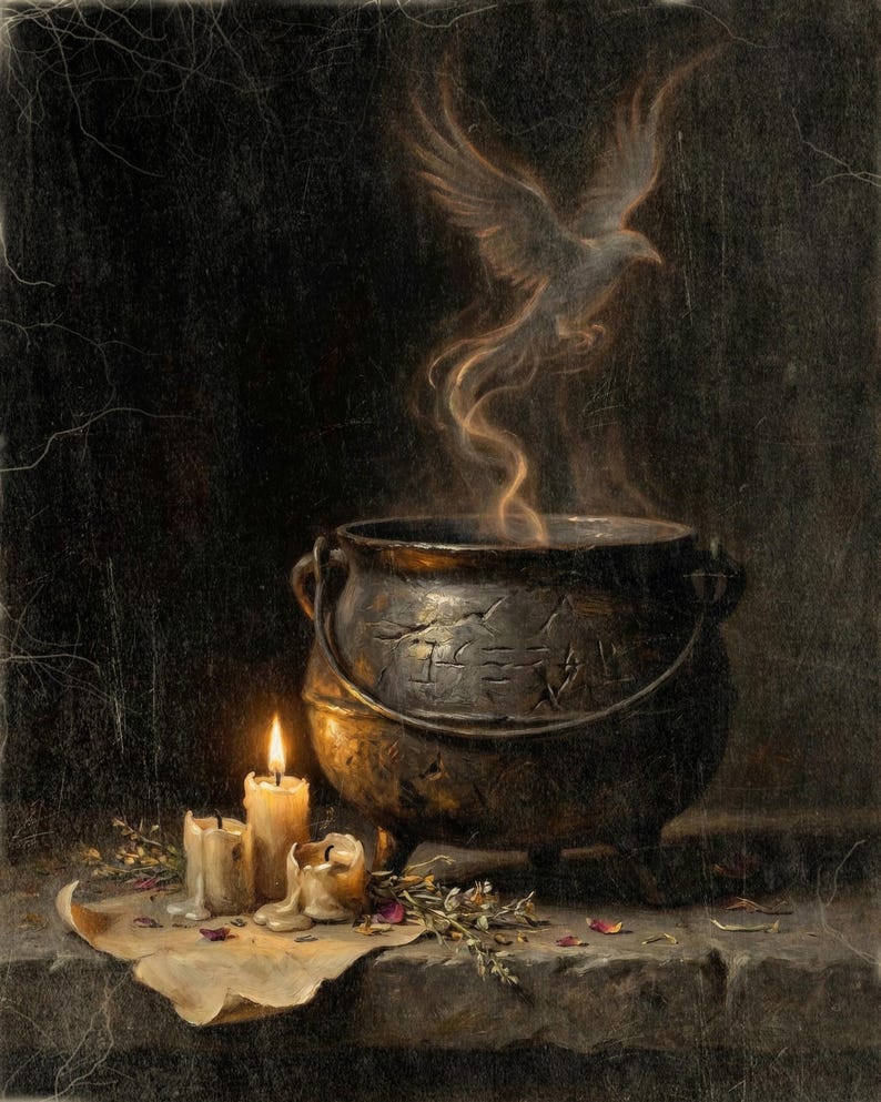 Witch Cauldron Digital Art Print, Moody Vintage Style Halloween Wall Decor, Magic Potion Smoke and Candlelight, Instant Digital Download