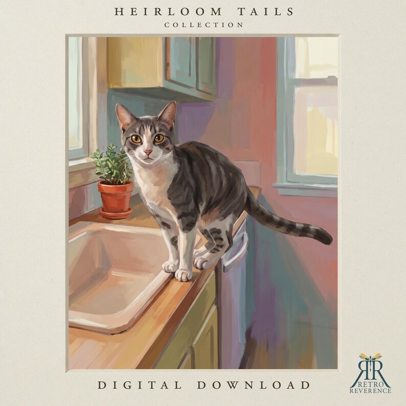 May include: A digital illustration titled Heirloom Tails Collection featuring a grey and white tabby cat standing on a kitchen counter next to a small potted plant and a sink. The scene includes text at the top and bottom, with a logo in the corner.