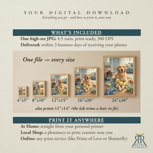 May include: A digital download guide featuring a golden retriever illustration. Text includes: YOUR DIGITAL DOWNLOAD, WHAT'S INCLUDED, One high-res JPG: 4:5 ratio, 300 DPI, One file -> every size, 4"x5", 8"x10", 12"x15", 16"x20", 24"x30", 11"x14", PRINT IT ANYWHERE.