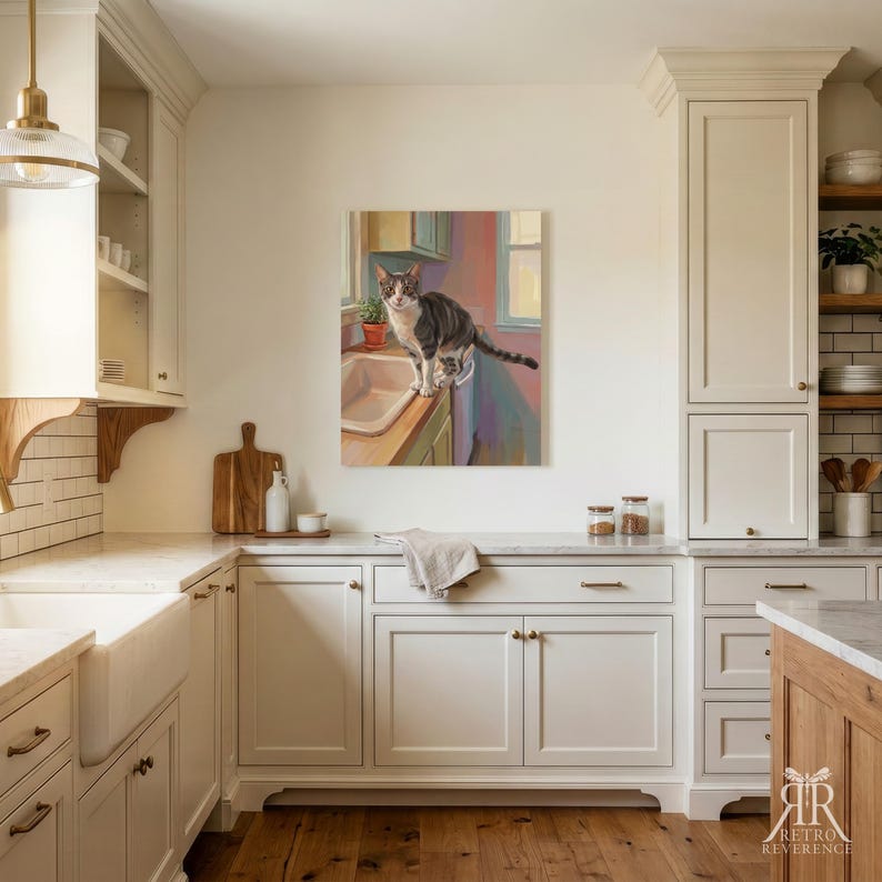May include: A framed wall art print depicting a brown and white tabby cat standing on a kitchen counter next to a sink and a small potted plant. The artwork features soft brushstrokes and a muted color palette, displayed in a kitchen setting.