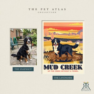 May include: A print titled The Pet Atlas Collection featuring a Bernese Mountain Dog in a photograph labeled The Snapshot and a stylized illustration labeled The Landmark, Mud Creek, Up the Creek Without a Towel, by Retro Reverence.