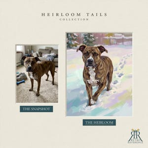 May include: A side-by-side comparison featuring a photograph of a brindle dog on the left labeled THE SNAPSHOT and a painterly illustration of the same dog in a snowy landscape on the right labeled THE HEIRLOOM, under the text HEIRLOOM TAILS COLLECTION.