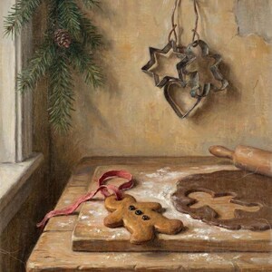 May include: A gingerbread person cookie with a red ribbon and three dark buttons, a wooden board with rolled dough, a rolling pin, and three metal cookie cutters in star, heart, and person shapes hanging on a wall near a pine branch.