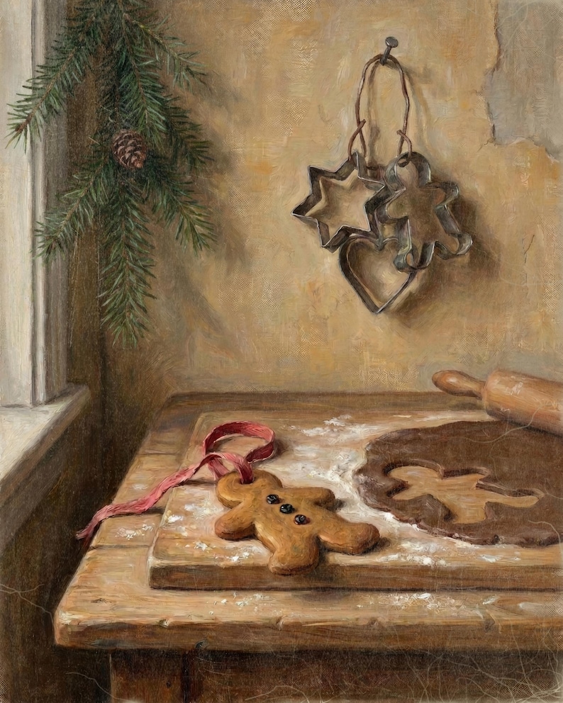 May include: A gingerbread person cookie with a red ribbon and three dark buttons, a wooden board with rolled dough, a rolling pin, and three metal cookie cutters in star, heart, and person shapes hanging on a wall near a pine branch.