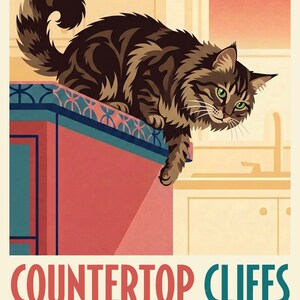 Custom Cat Portrait from Photo, Cat Hanging Off the Countertop Edge, Retro Travel Poster Illustration, Kitchen Artwork, Art Print or Canvas image 2