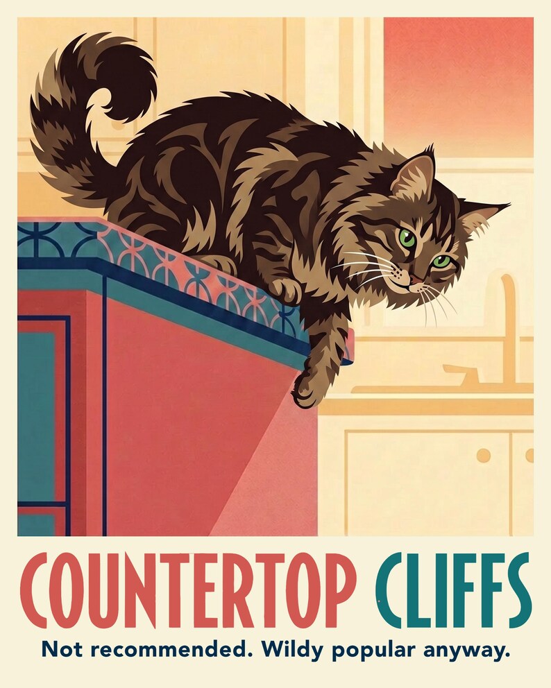 Custom Cat Portrait from Photo, Cat Hanging Off the Countertop Edge, Retro Travel Poster Illustration, Kitchen Artwork, Art Print or Canvas image 2