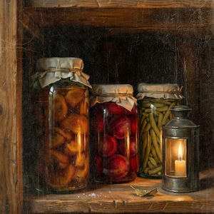 Canning Jars Art Print, Moody Vintage Fall Wall Decor, Preserves by Lantern Light, Instant Digital Download