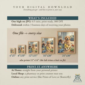 May include: A digital download guide featuring a golden retriever illustration in five frame sizes: 4x5, 8x10, 12x15, 16x20, and 24x30 inches. Text includes 'YOUR DIGITAL DOWNLOAD', 'WHAT'S INCLUDED', 'One file -> every size', and 'PRINT IT ANYWHERE'.