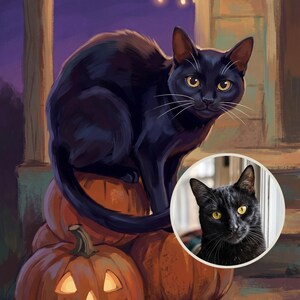 May include: A digital painting of a black cat sitting on a stack of orange pumpkins, one of which is a carved jack-o'-lantern with a glowing face. A circular inset shows a realistic photograph of the same black cat with yellow eyes.