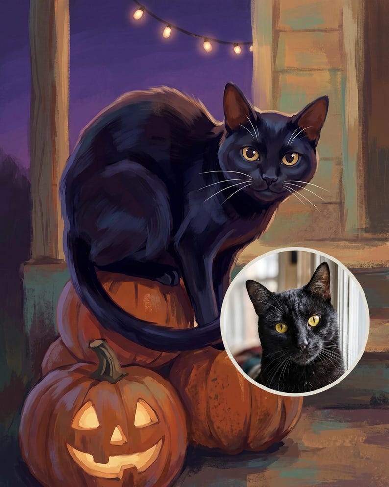 Halloween Pet Portrait from Photo, Spooky Cat Art, Cat on Porch with Pumpkins, Personalized Cat Illustration Digital Download