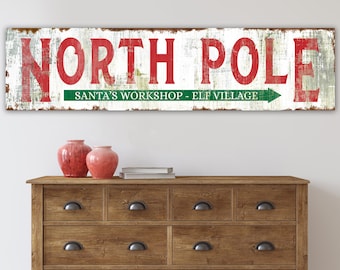Santa's Workshop North Pole Primitive Country Wall Art Decor, Vintage Farmhouse Chic Holiday Wall Decor, Rustic Christmas Canvas Art Print