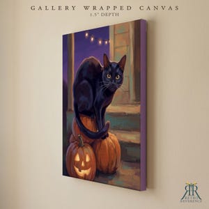 May include: A gallery wrapped canvas with 1.5 inch depth featuring a black cat perched on orange pumpkins, one of which is a carved jack-o'-lantern. The scene is set on a porch at night with string lights visible in the background.