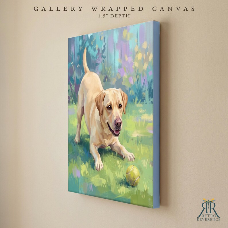 May include: A gallery wrapped canvas with a 1.5 inch depth featuring a painting of a yellow Labrador retriever in a play bow position on green grass with a yellow tennis ball. The text reads GALLERY WRAPPED CANVAS 1.5 DEPTH.