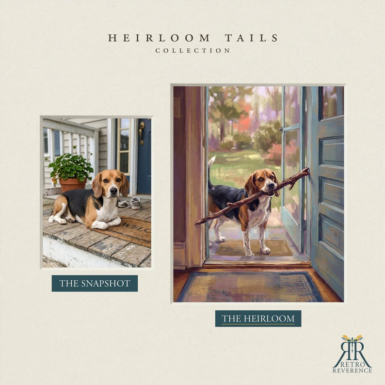 Puede incluir: Una comparaci&oacute;n lado a lado titulada Heirloom Tails Collection. A la izquierda, una fotograf&iacute;a de un beagle en un porche. A la derecha, una versi&oacute;n pintada del beagle sosteniendo un palo en la boca en una puerta abierta. El texto incluye The Snapshot, The Heirloom y Retro Reverence.