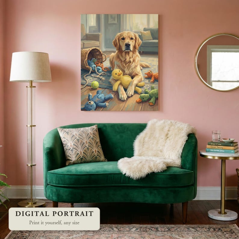 Custom dog portrait of a dog surrounded by toys, hung on a wall in a living room, shown as a digital file you print yourself