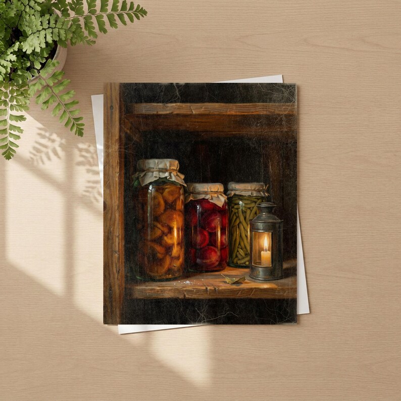 May include: A wooden shelf holds three glass jars filled with preserved food items, including orange fruit, red beets, and green beans. Next to the jars sits a small, dark metal lantern containing a lit candle, casting a warm glow on the shelf.