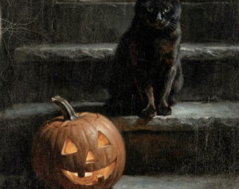 Black Cat and Jack O Lantern Printable Wall Art, Moody Vintage Style Halloween Wall Decor, Spooky Season Decor, Gothic Illustration