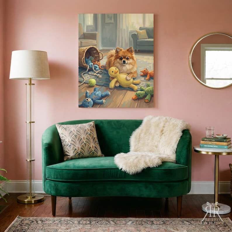 May include: A rectangular wall art print featuring a fluffy brown dog surrounded by various colorful plush toys on a wooden floor, displayed in a room with a green velvet loveseat, a floor lamp, and a round mirror on a pink wall.