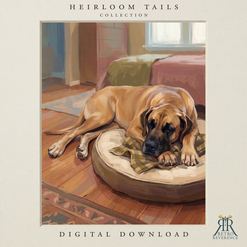 May include: A digital art print titled HEIRLOOM TAILS COLLECTION featuring a tan dog with a black muzzle resting on a round beige bed. The dog lies on a wooden floor with a plaid blanket. The text DIGITAL DOWNLOAD appears at the bottom.