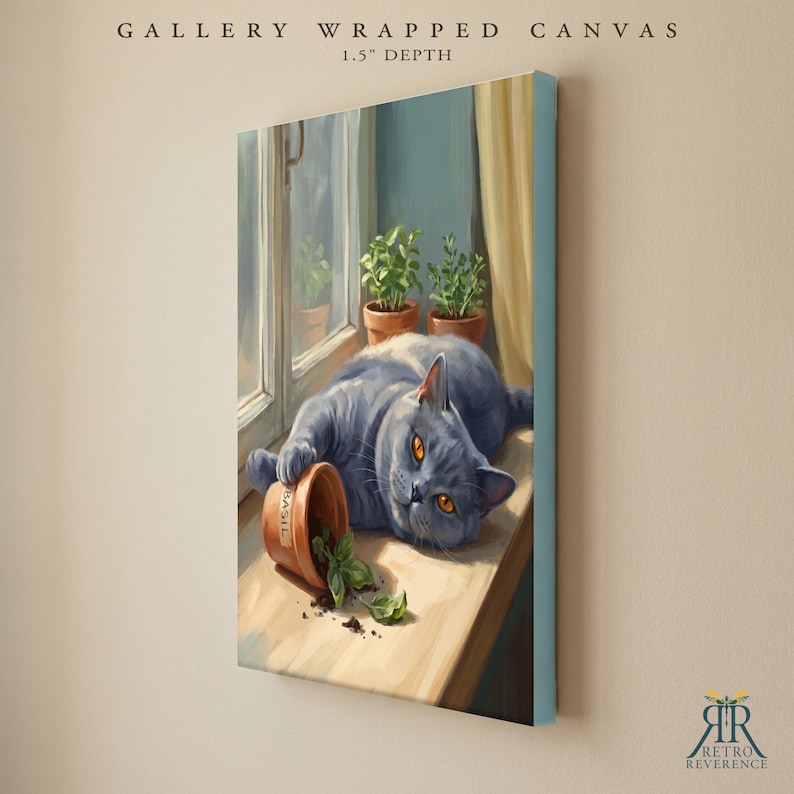 May include: A gallery wrapped canvas with a 1.5 inch depth featuring a painting of a grey cat lying on a windowsill next to potted plants. One terracotta pot labeled BASIL is tipped over with green leaves spilling out onto the ledge.